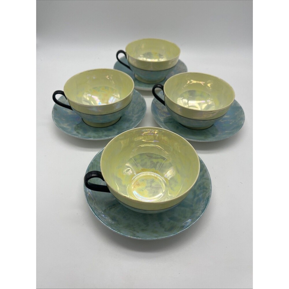 Czech Slovakia Phoenix China Lusterware Mugs/Cups & Saucers, Set Of 4